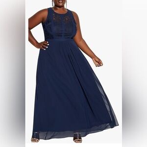 CITY CHIC LACE PANELED MAXI GOWN NAVY A-LINE SIZE 18 STYLE 00101079
